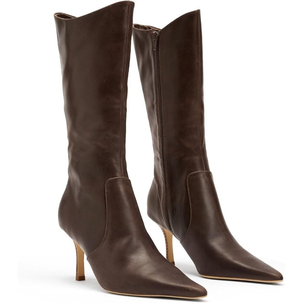 ⚡Women's Dark Brown Mid Calf Boots Pointed Toe High Heel Long Boots Side Zipper